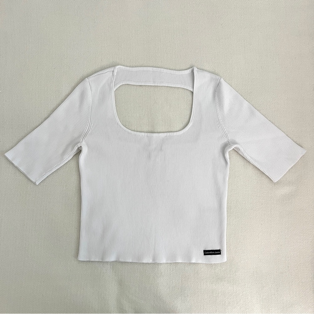 CALVIN KLEIN Elbow Sleeve Rib-Knit Cropped T-Shirt Small White